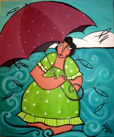 femme dans l'eau + parapluie + poissons